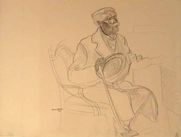 Old Man Seated Holding Hat and Stick in Right Hand